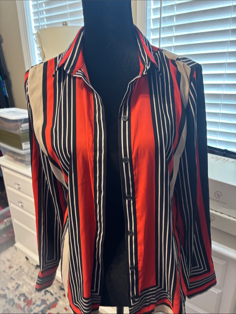 New York & Company Red, Black & Cream Striped Button-Down Shirt
